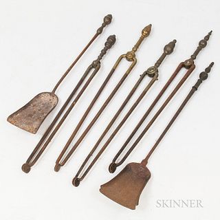 Six Brass and Iron Fireplace Tools,America, early 19th century