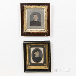 Five Framed Hand-tinted Tintype Portraits of Women,19th century