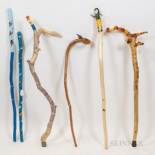 Six Contemporary Painted Walking Sticks