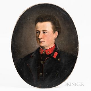 Canadian/American School, 19th Century

Oval Portrait of a Young Man. Unsigned. Oil on canvas, depicting a man in military uniform, 25 x 20 in., unfra