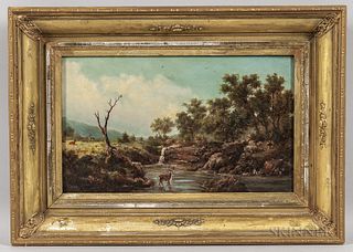 American School, 19th Century

Deer in a Landscape. Unsigned. Oil on canvas, a buck stands in a stream with other deer resting beyond, an eagle perche