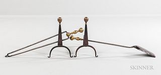Pair of Small Brass and Iron Belted Ball-top Andirons and Two Ball-top Tools,early 19th century