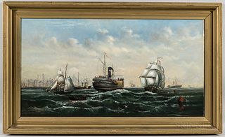 Anglo/American School, 19th Century

Harbor Scene with Sailing and Steam Ships. Unsigned. Oil on board, 24 x 43 1/2 in., in a molded and gold-painted 