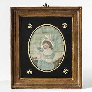 Embroidered Silk and Watercolor Picture of a Girl in a Blue Dress,England, early 19th century