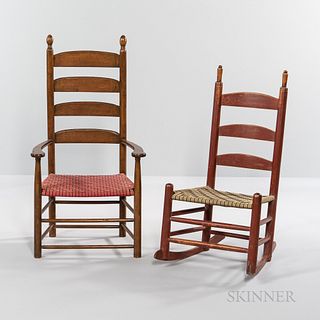 Shaker Red-painted Child's Rocking Chair and a Four-slat Armchair,19th century