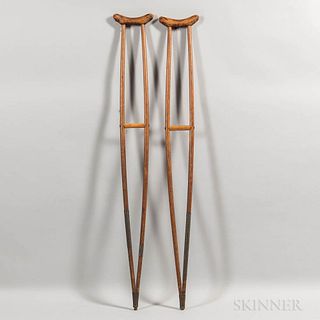 Pair of Make-do Wood and Tin Crutches,early 20th century