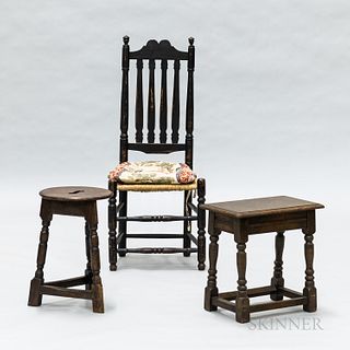 Black-painted Bannister-back Side Chair and Two Oak Joint Stools