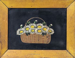 Framed Oil on Tin Painting of a Basket of Daisies