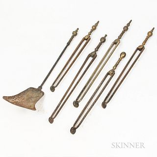 Six Brass and Iron Fireplace Tools,America, 19th century