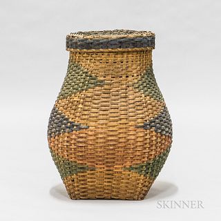 Early Large Painted Woven Splint Feather Basket and Cover