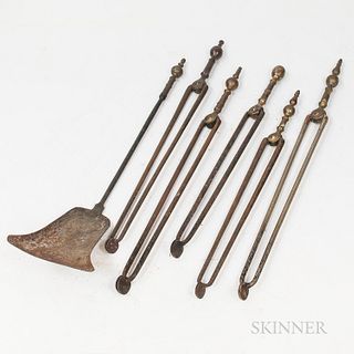 Nine Brass and Iron Fireplace Tools,America, early 19th century