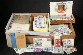STAMPS: TRAY OF BLOCKS AND SHEETS, MOSTLY US