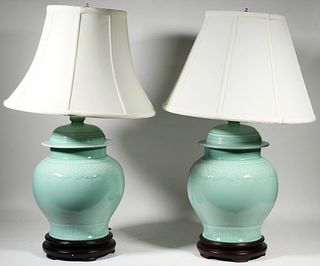 PR CELADON GINGER JAR TABLE LAMPS WITH SIMILAR SILK SHADES