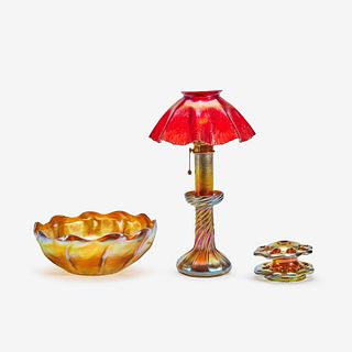 Tiffany Studios (American, active 1878-1933), Favrile Glass Lamp, Bowl, and Flower Frog, New York, NY, early 20th century