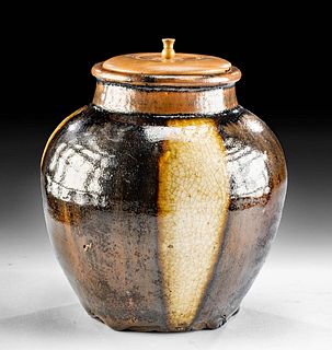 17th C. Japanese Edo Glazed Pottery Jar + Wood Lid