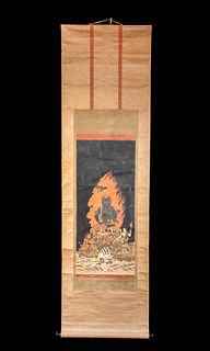 19th C. Japanese Scroll Painting of Fudo Myoo with Box