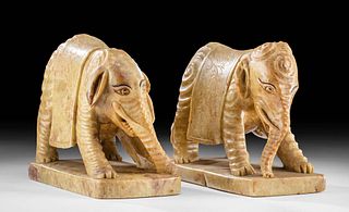 19th C. Indian Carved Greenstone Elephants (pr)