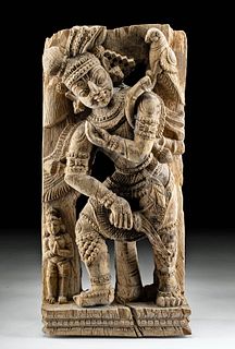 19th C. Indian Wood Panel Man Wearing Lavish Dhoti