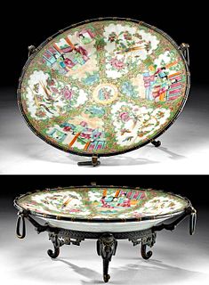18th C. Chinese Qing Porcelain Plate w/ Gilt Brass Base