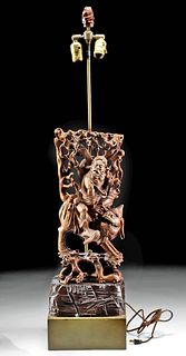 Vintage Chinese Wood & Brass Lamp w/ Man Riding Dragon