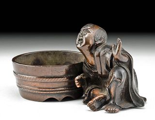 19th C. Japanese Meiji Bronze Netsuke - Child w/ Tub