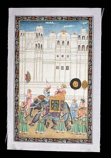 19th C. Indian Mughal Painting Fabric Royal Procession