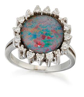 AN OPAL TRIPLET AND DIAMOND CLUSTER RING, a round opal trip