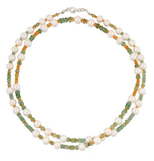 A CULTURED PEARL AND GEMSTONE BEAD NECKLACE,?cultured pearl