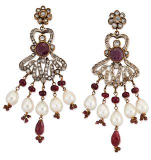 A PAIR OF INDIAN RUBY, PASTE AND CULTURED PEARL DROP EARRIN