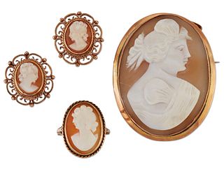 A GROUP OF CAMEO JEWELLERY, INCLUDING: A CARVED SHELL CAMEO
