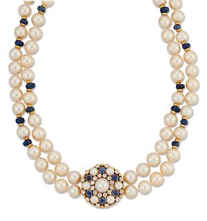 DE VROOMEN: AN 18 CARAT GOLD, CULTURED PEARL AND SAPPHIRE B