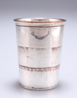 AN OLD SHEFFIELD PLATE COLLAPSIBLE BEAKER, of three graduat