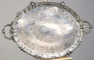 A LARGE VICTORIAN SILVER-PLATED TWO-HANDLED TRAY, by Harris