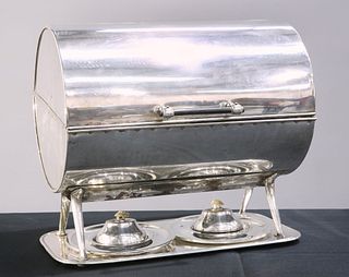 A LARGE 19TH CENTURY SILVER-PLATED PLATE WARMER, the cylind