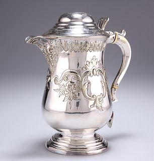 A 19TH CENTURY SILVER-PLATED FLAGON, baluster form with hin