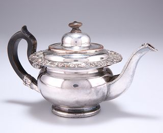 A SMALL OLD SHEFFIELD PLATE TEAPOT, with foliate cast shoul