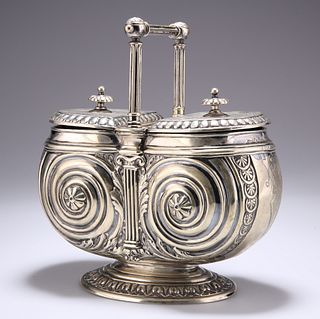 A VICTORIAN SILVER-PLATED BISCUIT BOX, with twin hinged cov
