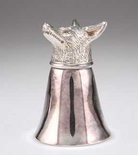 A SILVER-PLATED FOX HEAD STIRRUP CUP, of small proportions.