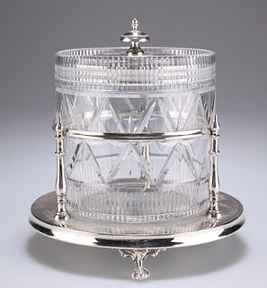 A VICTORIAN SILVER-PLATED AND CUT-GLASS BISCUIT BARREL, by 
