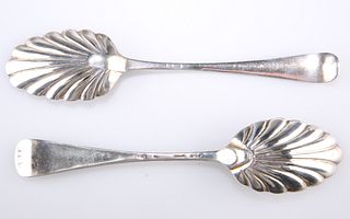 TWO SILVER TABLE SPOONS, CIRCA 1750, each with later decora