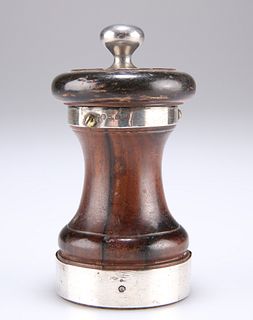 A VICTORIAN SILVER-MOUNTED ROSEWOOD PEPPER GRINDER, by?Pemb