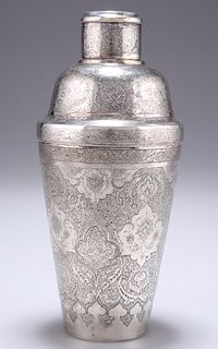A PERSIAN SILVER COCKTAIL SHAKER,?decorated throughout with