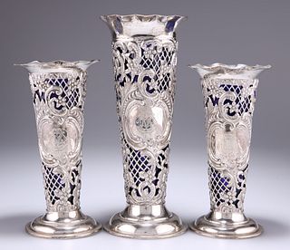 A GARNITURE OF THREE VICTORIAN SILVER VASES,?by?William Com