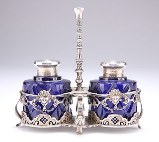 A CONTINENTAL SILVER INKSTAND, 18TH/19TH CENTURY, with twin
