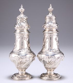 A PAIR OF EARLY GEORGE III HEAVY SILVER SUGAR CASTERS,?by S