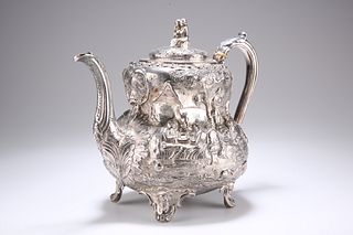 A LARGE 19TH CENTURY SILVER TEAPOT, import marks,?by Willia