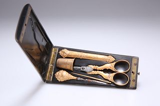 A 19TH CENTURY FRENCH ETUI, the ebony case of tapering rect