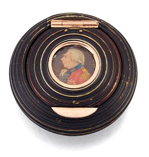 A STAINED IVORY PORTRAIT MINIATURE?SNUFF BOX, turned circul