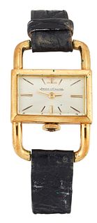 A LADY'S JAEGER LE COULTRE STRAP WATCH,?rectangular silver 