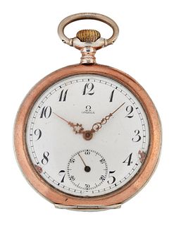 AN OMEGA OPEN FACED POCKET WATCH,?circular white dial with 